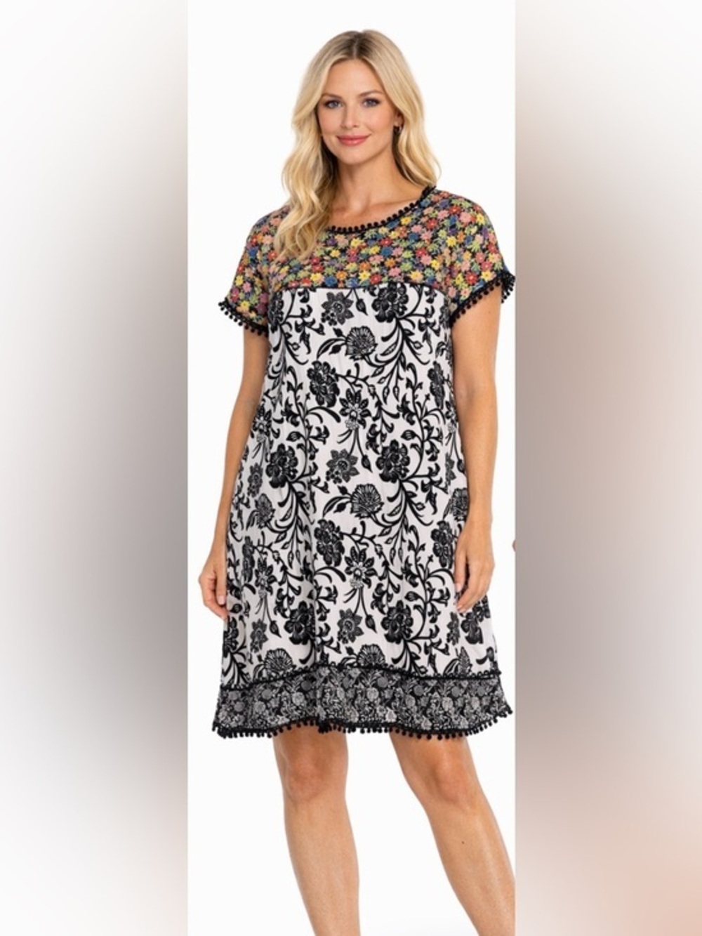 John Mark Mixed Floral Embroidered Pom‑Pom Trim Dress NWOT